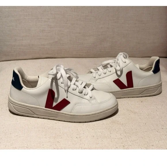 Veja V-12 Leather Sneakers White Red V Navy Heel Tab Size 39 - Picture 2 of 7